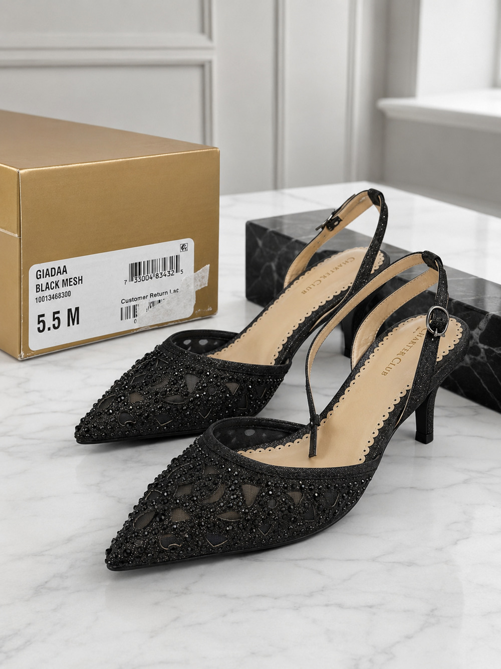 New Charter Club Giadaa Black Mesh Embellished Slingback Pumps Women’s 5.5M